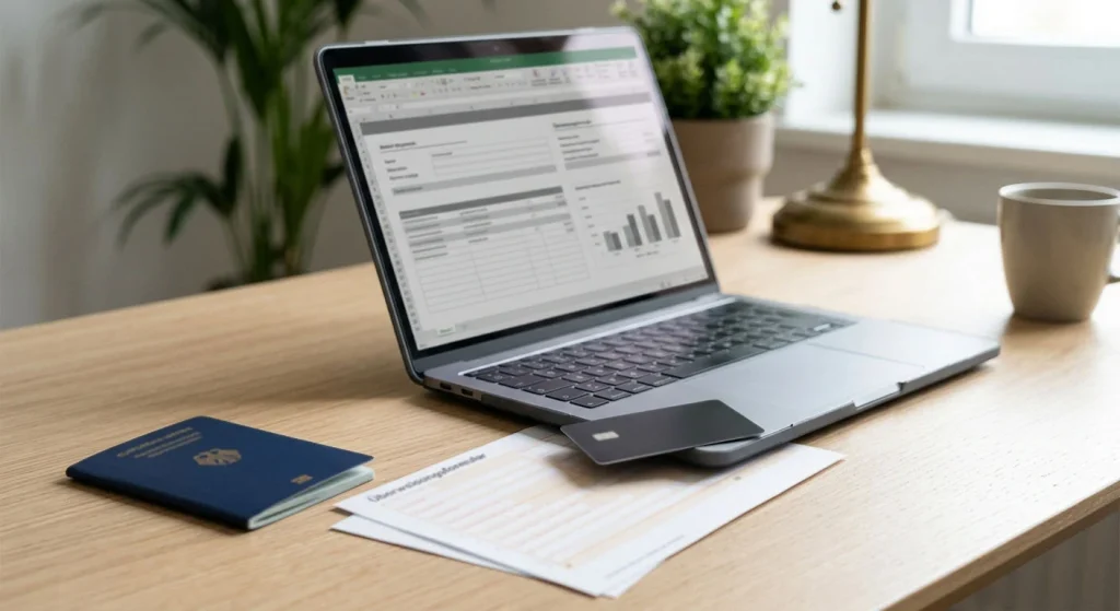 Laptop, Bankkarte, Ausweisdokument und Überweisungsbeleg auf einem neutralen Schreibtisch