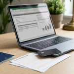 Laptop, Bankkarte, Ausweisdokument und Überweisungsbeleg auf einem neutralen Schreibtisch