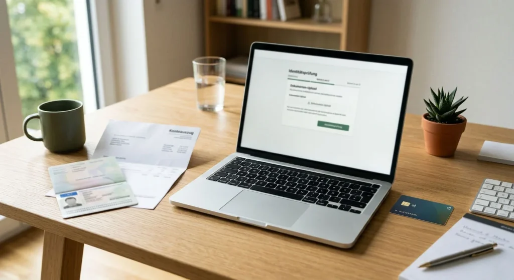 Ausweisdokument, Adressnachweis und Bankkarte neben einem Laptop auf einem neutralen Schreibtisch