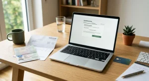 Ausweisdokument, Adressnachweis und Bankkarte neben einem Laptop auf einem neutralen Schreibtisch