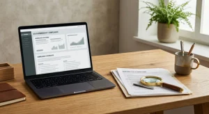 Dokumente, Laptop und Lupe auf einem Schreibtisch bei einer regulatorischen Prüfung