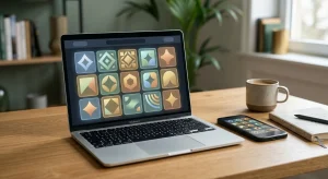 Laptop und Smartphone mit abstrakten Spielkacheln und neutralen Casino-Symbolen