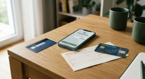 Bankkarte, Smartphone, Überweisungsbeleg und Prepaid-Karte auf einem Schreibtisch